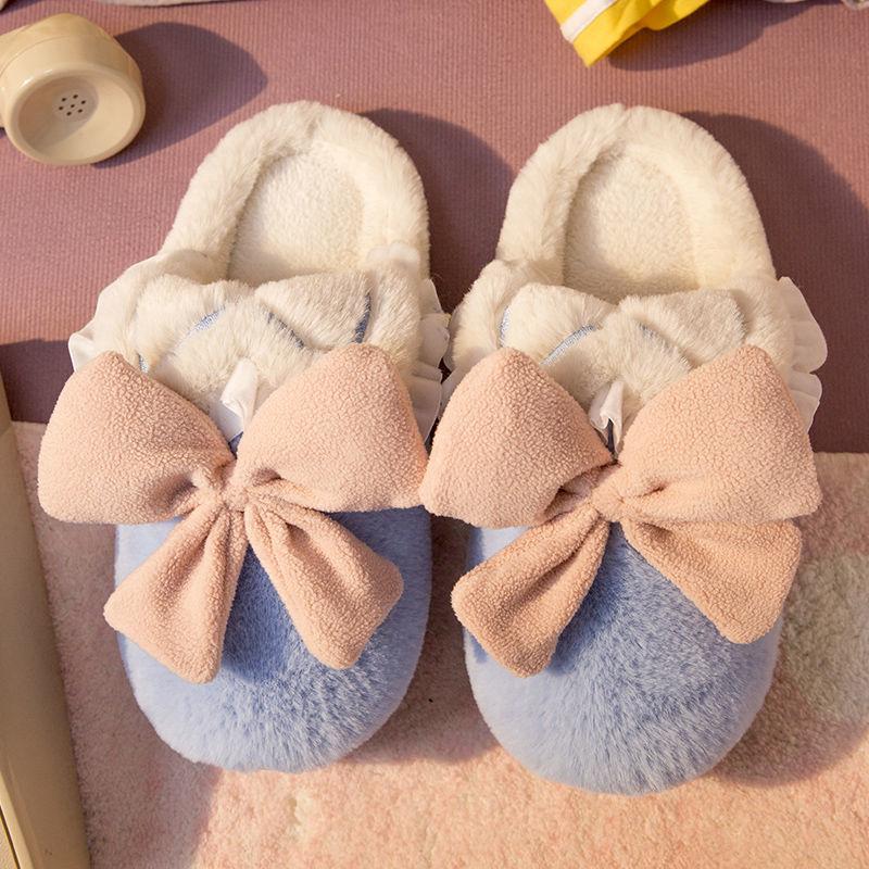 Cute Bowknot Cotton Slippers Keep Warm and Comfortable In Autumn and Winter Indoor Non-slip