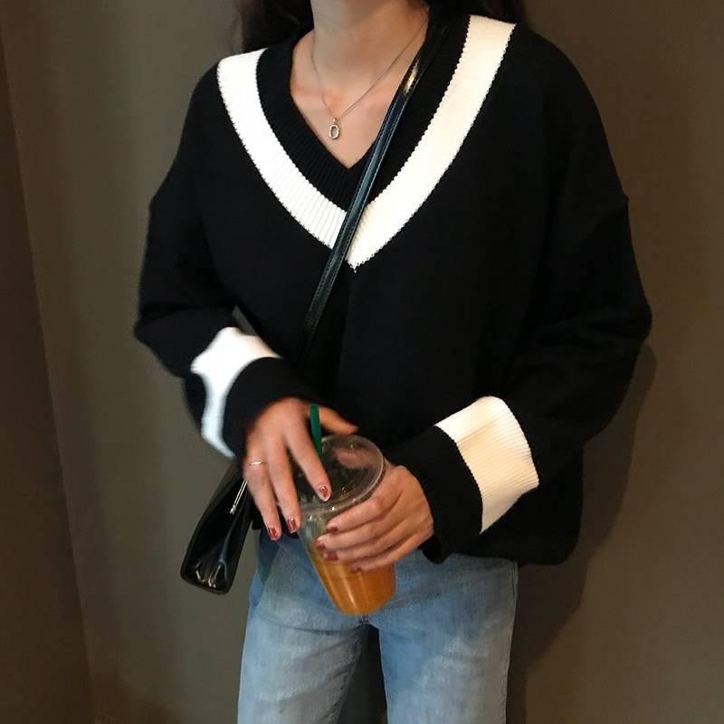 Pofulove V-neck Sweater Women Korean Loose Lazy College Style Pullover Knit Top Autumn Winter