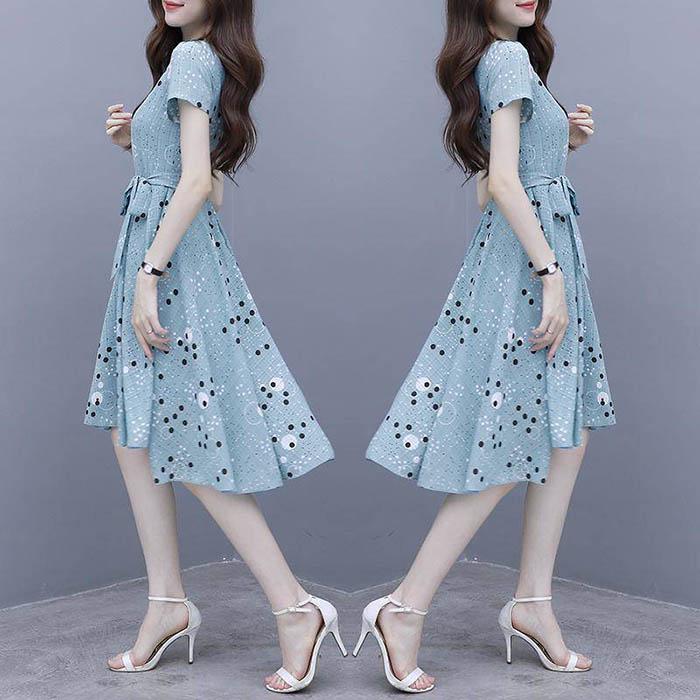 Pofulove S-3XL Women O-neck Off Shoulder Chiffon Polka Dot Dress Slim Sexy Mid-length A-line Dress