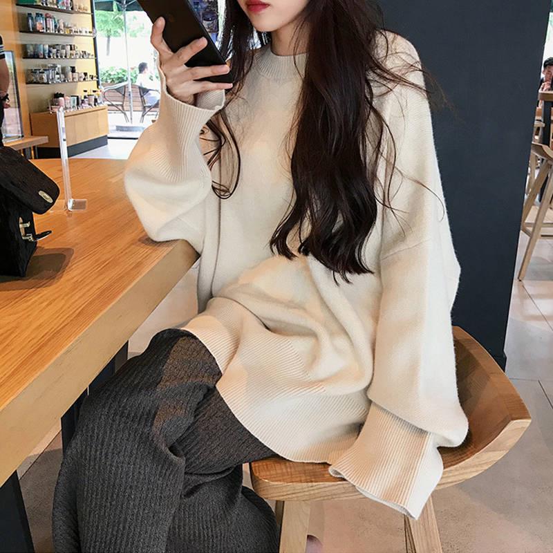 Pofulove Fairy Lazy Loose Apricot Sweater Autumn Pullover Sweater Women's Suit Wild Wearing Oversize