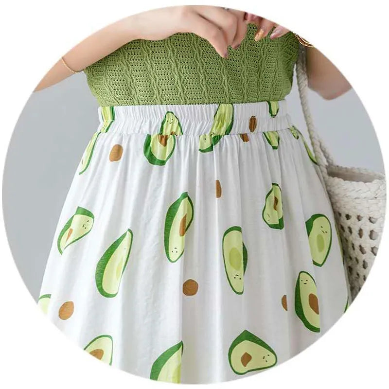 Skirts Womens Female Casual Ankle-length Skirt Summer Loose Thin A-line Skirts High Waist All-match Avocado Print Skirt