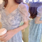 Female Blue Pink Halo Dyed Mesh Elegant Holiday Dress Vintage Slim Super Fairy Bandage Party Dress