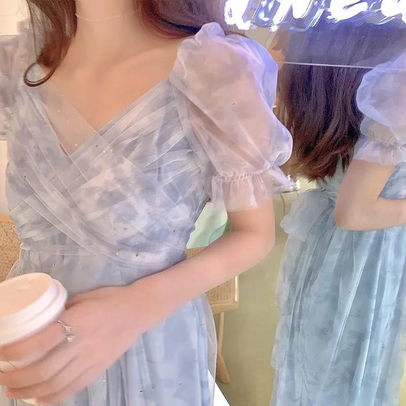 Female Blue Pink Halo Dyed Mesh Elegant Holiday Dress Vintage Slim Super Fairy Bandage Party Dress