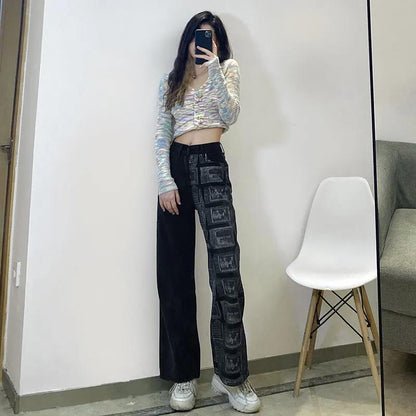 Retro Harva Chic Design Splicing Straight Jeans Female High Waist Wild Slim Show Long Legs Wide Legs