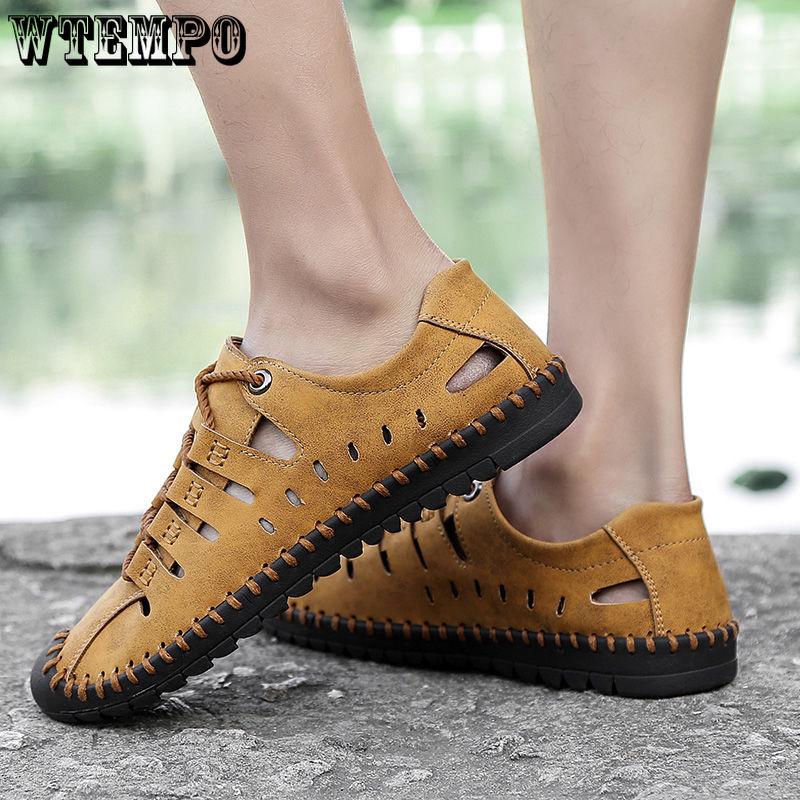 Summer Men's Leather Sandals Business Casual Outdoor Beach Roman Shoes Solid Color Design