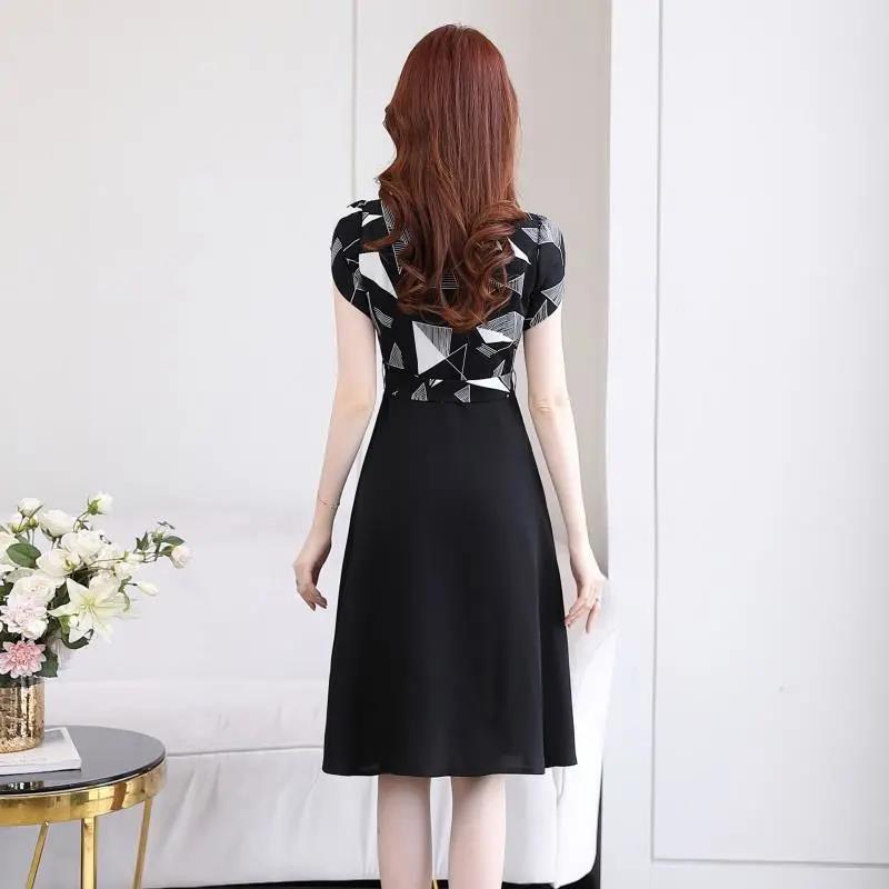 Summer Vestidos Women's New Black V-neck Stitching Loose Fit Slim Thin Dress Casual Temperament Mujer Dresses Female
