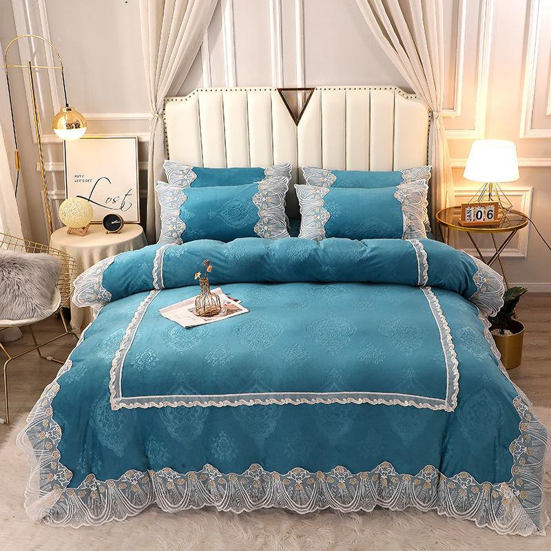 4pcs/set Winter High-end Bedding Coral Fleece Bed Skirt Double-sided Thickening Warm Flannel Duvet Cover
