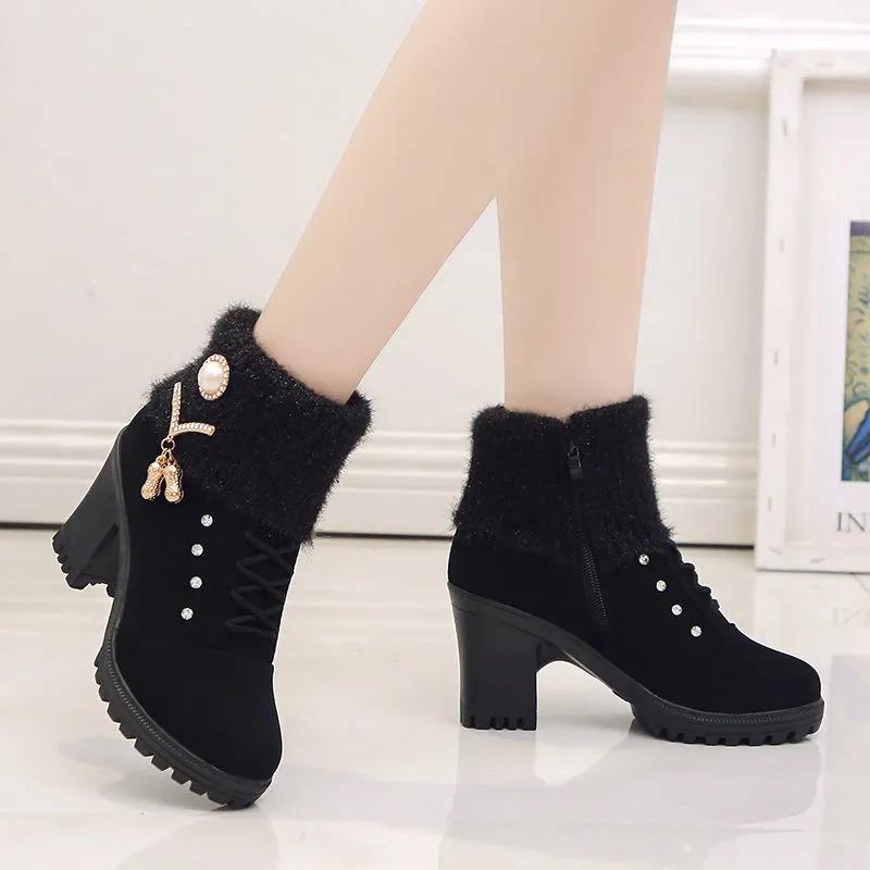 Autumn and Winter Short Mid-high Heel Round Toe Women's Shoes Side Zipper Woolen Cotton Boots