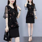 Large Size Women's Summer Black Belly Cover Sequins Embroidery Stitching Short-sleeved Fairy Dress Ladies Temperament A-line Skirt