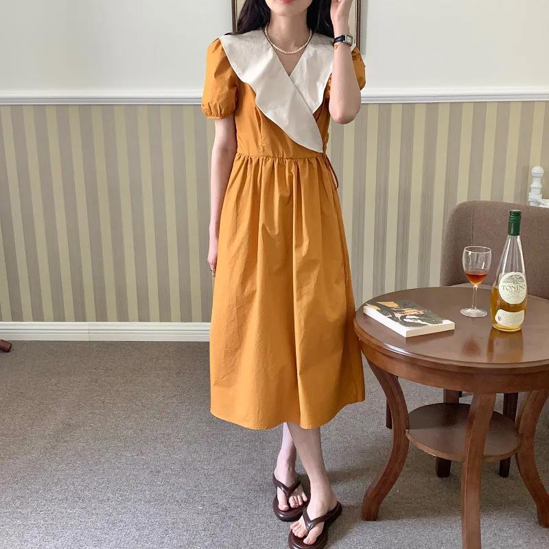 Women's Summer Long Dress Round Neck Puff Sleeves Solid Color V-Neck Dress