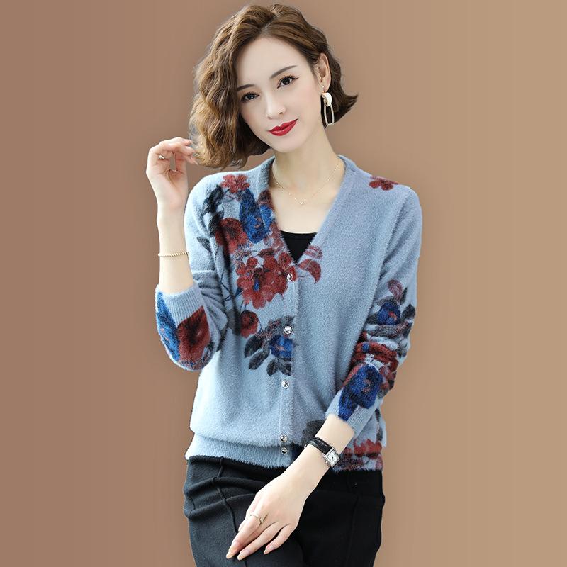 Autumn Winter Artificial Mink Cashmere Printed Knitted Cardigan Women's Short Sweater Coat Long-sleeved Loose Knitted Jacket