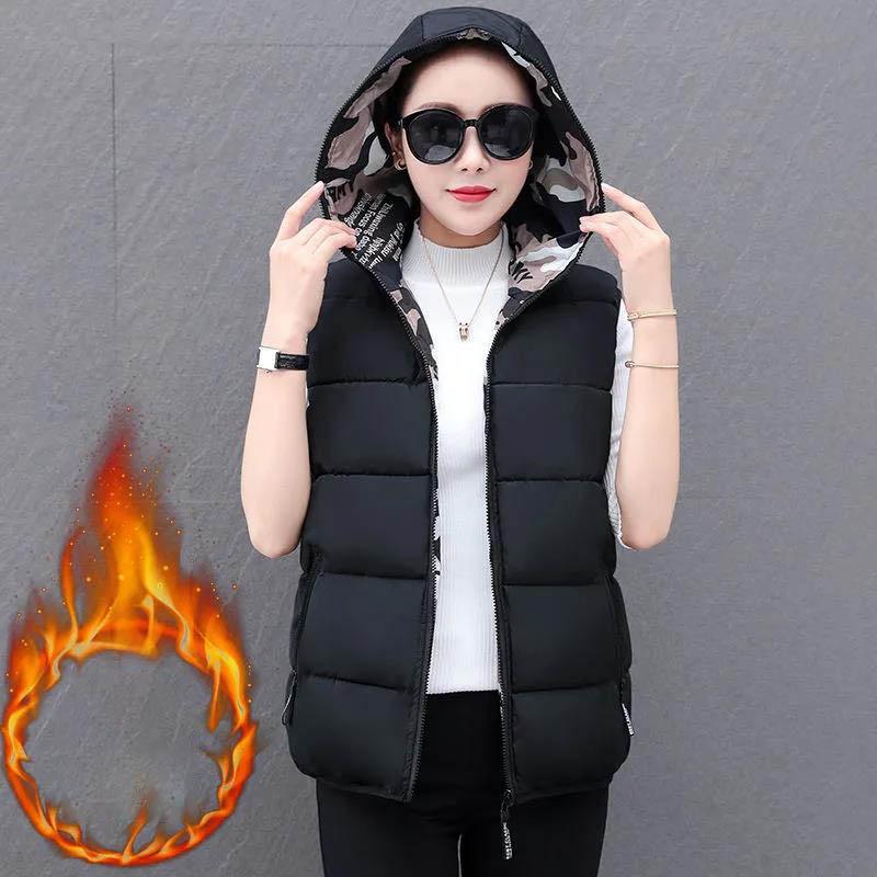 Reversible Hooded Cotton Vest Women's Short Plus Size Thick Winter Waistcoat Vest Jacket