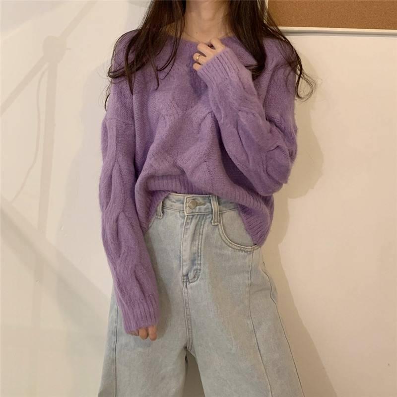 Pofulove Purple Twist Sweater Women Autumn Winter Wear Pullover Fashion Thick Wild Sweater Women