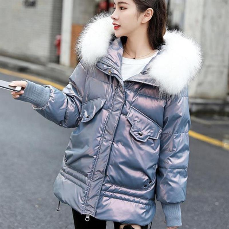 Women's Shiny Hooded Down Jacket Regular Korean Style Loose Thick Coat Warm Cotton Coat with Big Leather Collar Winter Jacket Quilted Jacket