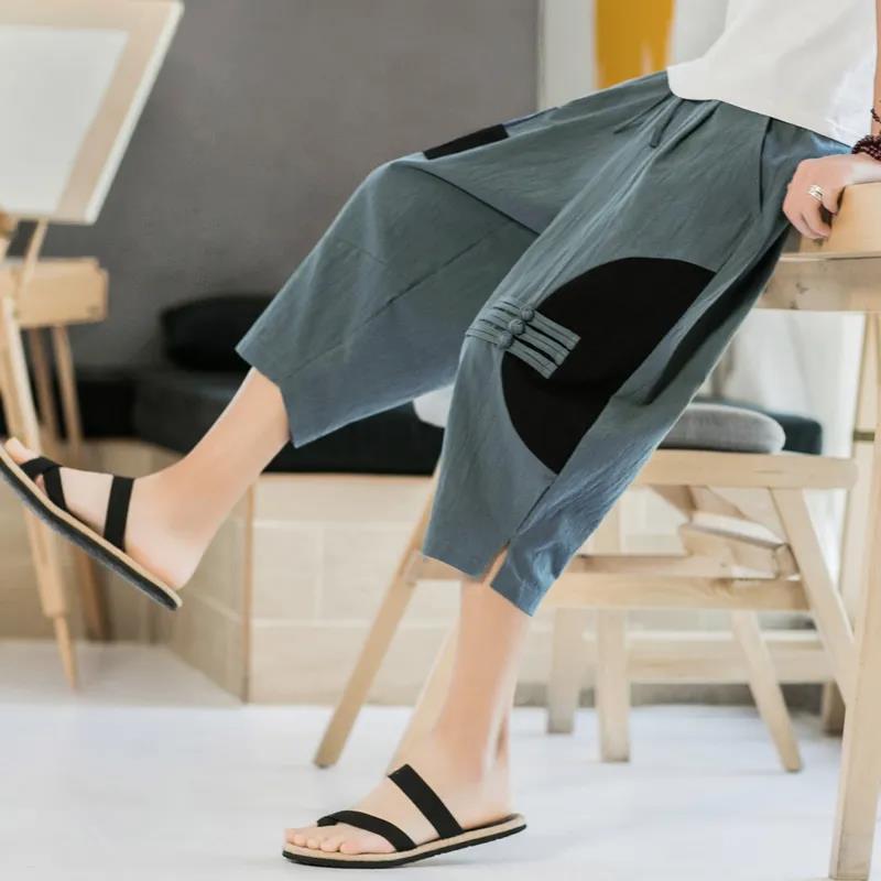 Men's Cropped Trousers Loose Cotton Linen Men's Trousers Summer Thin Casual Pants