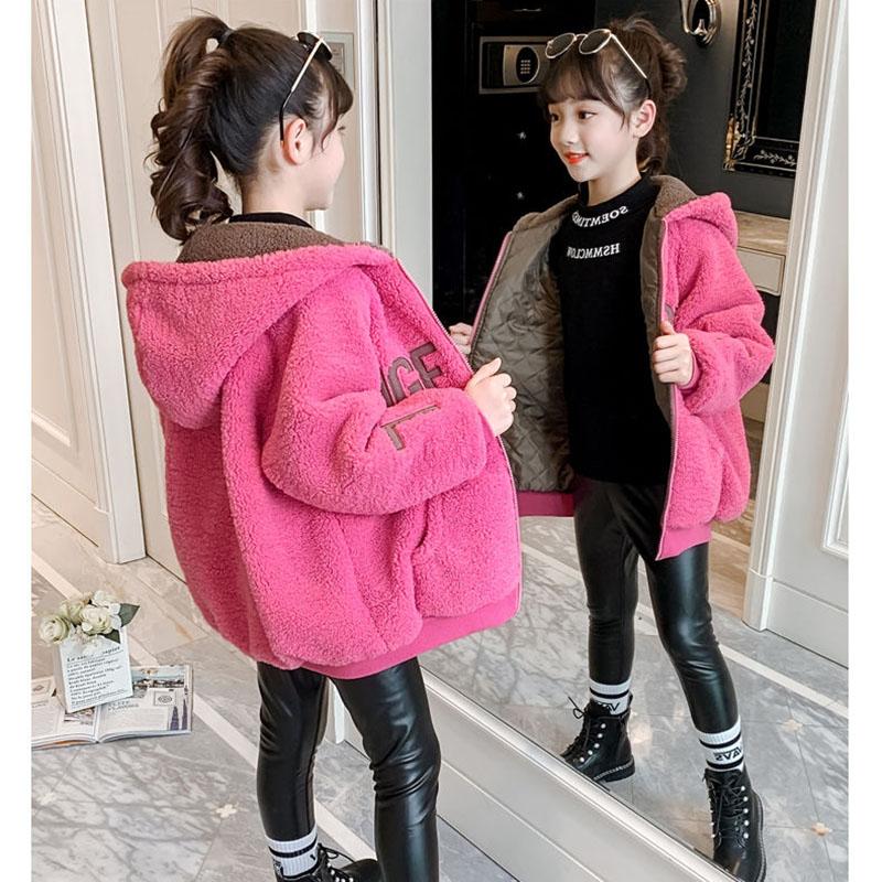Girls' Cashmere Warm Jacket Korean Style Plus Velvet Padded Jacket Autumn and Winter Windproof Hooded Top