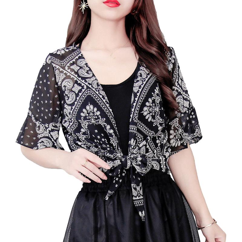 Printing Chiffon Shawl Coat Top Can Be Fitted with Suspender Skirt Women Summer Thin Sun Protection Clothing Short Cardigan