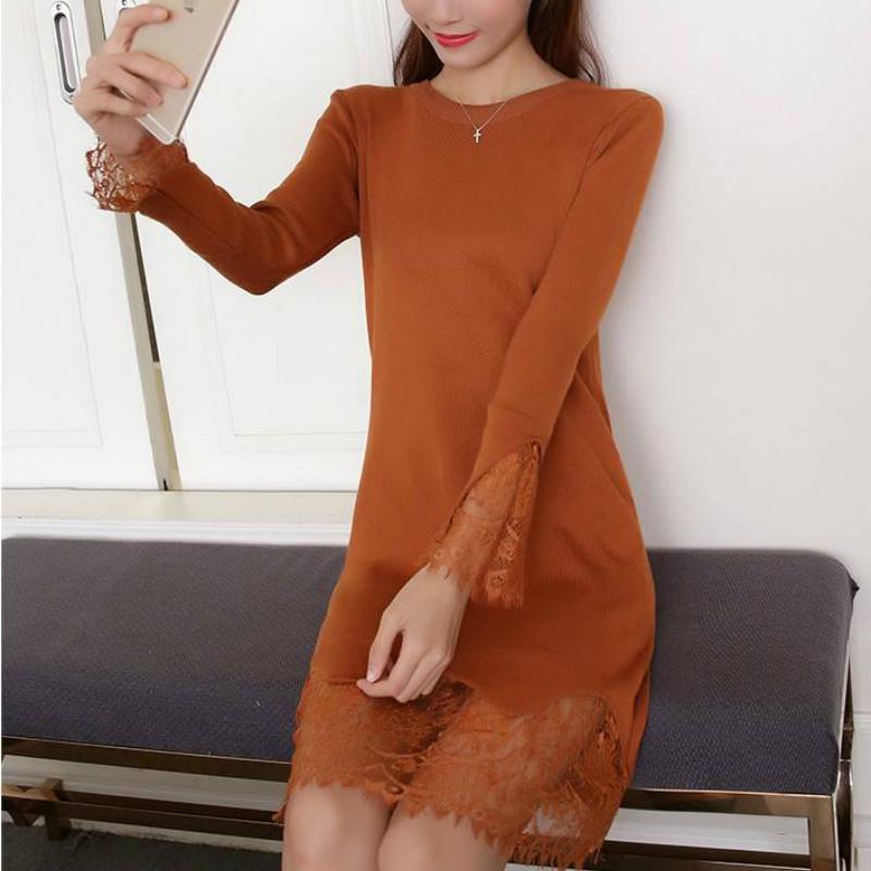 Pofulove 5 Colors Winter Slim Waist Sweater Dress Sweet O-neck Lace Knitted Long Pullover Skirt