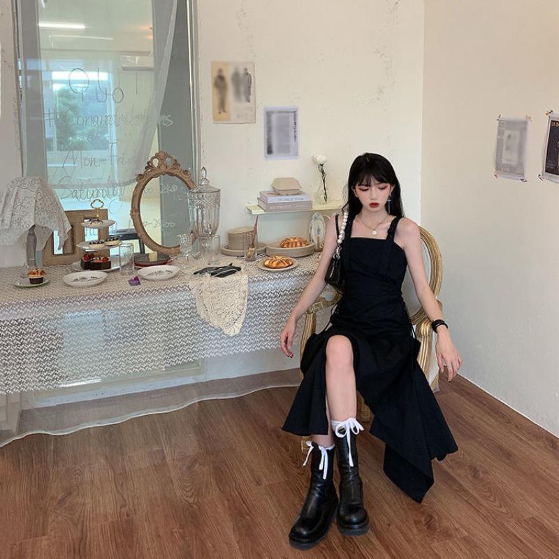 Spring Summer Korean Retro Sexy Sleeveless Sling Dress Black Irregular Dress Female Split Long Skirt