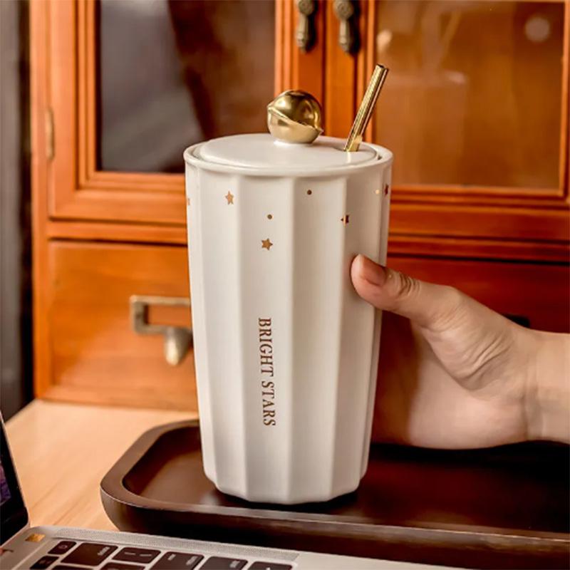 Double-layer Ceramic Water Cup Female Summer with Straws Simple and Portable Cute Milk Cup Large Capacity Tea Coffee Cup