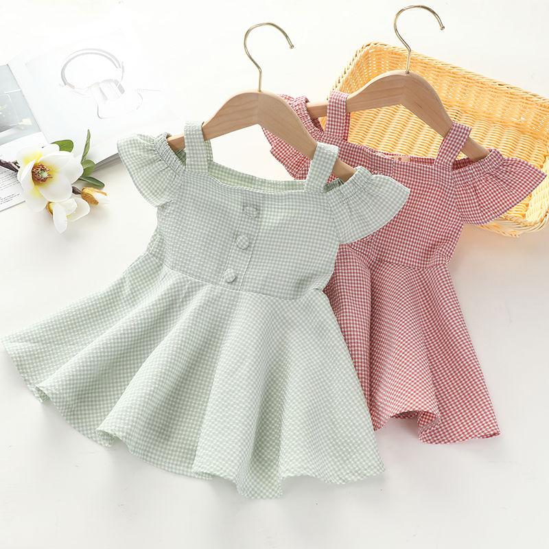 Children Dress Girls Summer Suspender Skirt Dress Korean Princess Skirt Plaid Single Breasted Strapless A-line Dress