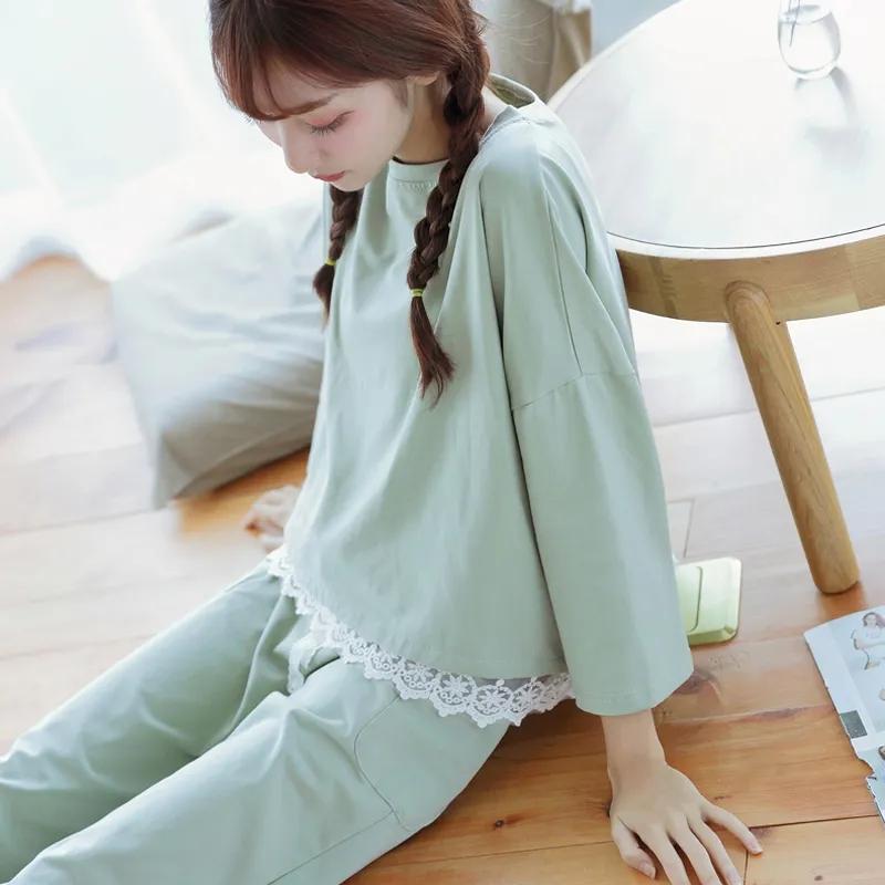 Women's Spring Autumn Long-sleeved Pajamas Set Lace Edge Round Neck Solid Color Loose Large Size Sweet Three-quarter Sleeve Home Wear Suit