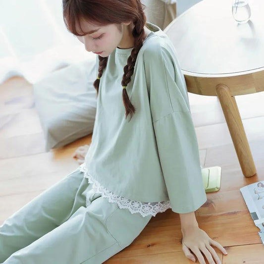 Women's Spring Autumn Long-sleeved Pajamas Set Lace Edge Round Neck Solid Color Loose Large Size Sweet Three-quarter Sleeve Home Wear Suit