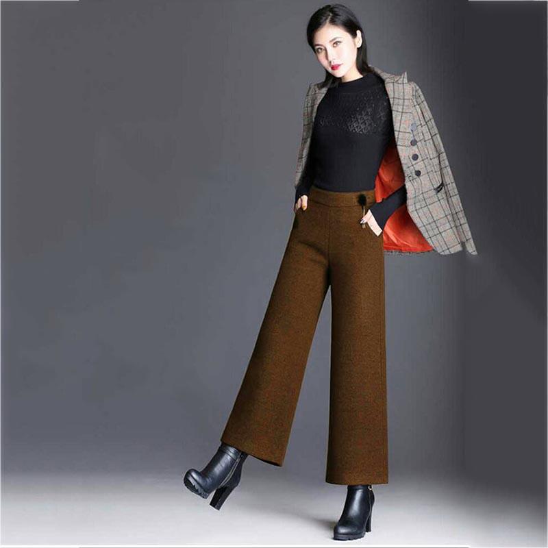 Women's Woolen Wide Leg Pants Winter Straight High Waist Thickening Wide Leg Pants Female Loose