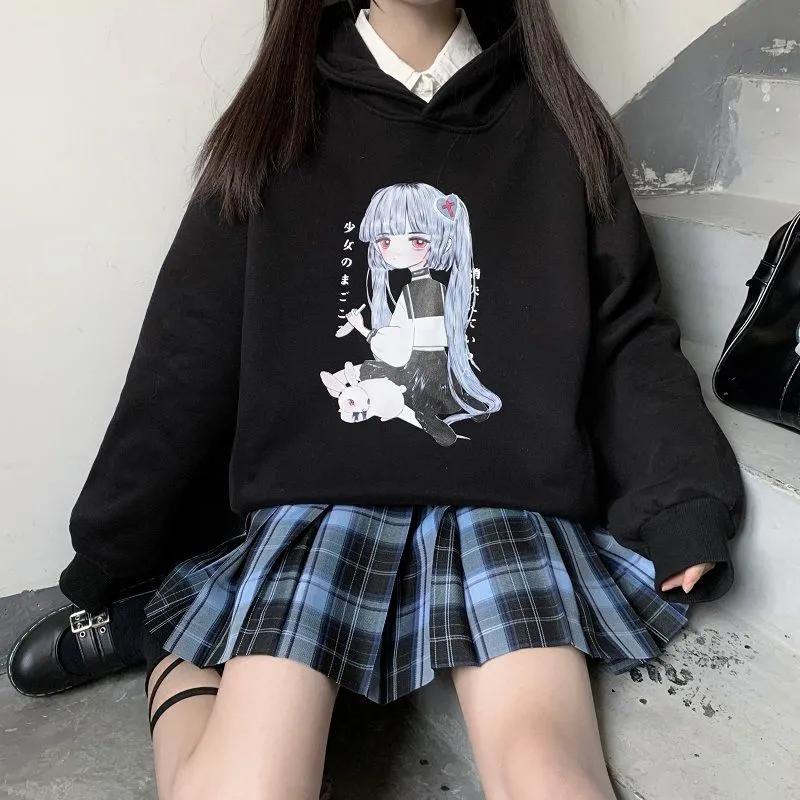 Anime Hoodies Japanese Oversized Loose Harajuku Sweatshirts Thick Fleece Fall Winter Pullovers Top Clothes Black Plus Size Fashion Streetwear Coat