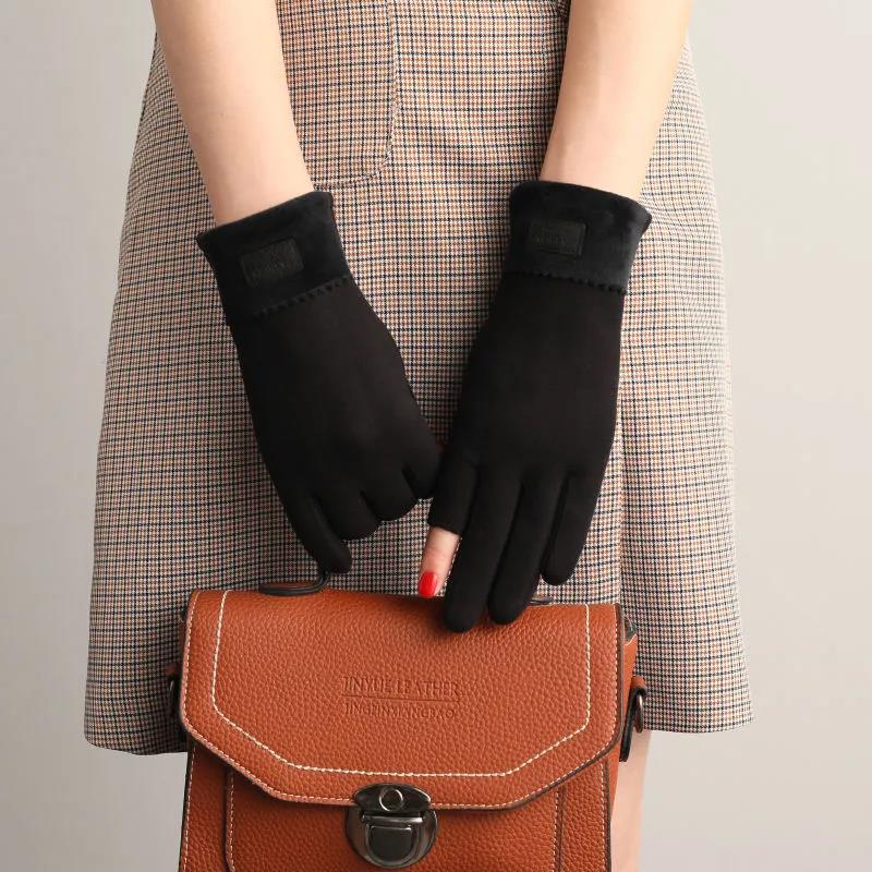 Fingerless Warm Gloves Female Winter Cute Korean Version Half-finger Plus Velvet Thick Cotton Driving Leak Two Fingers