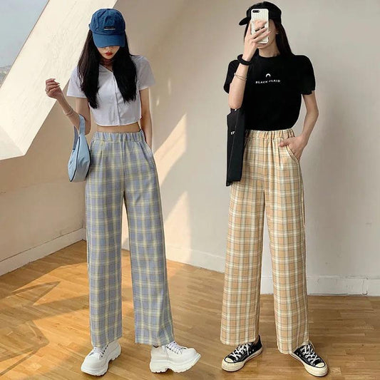 Women's Summer Plaid Trousers Korean Style Japanese Loose Thin Wide-leg Pants All-match Straight Casual Pants Retro High Waist Elastic Pants