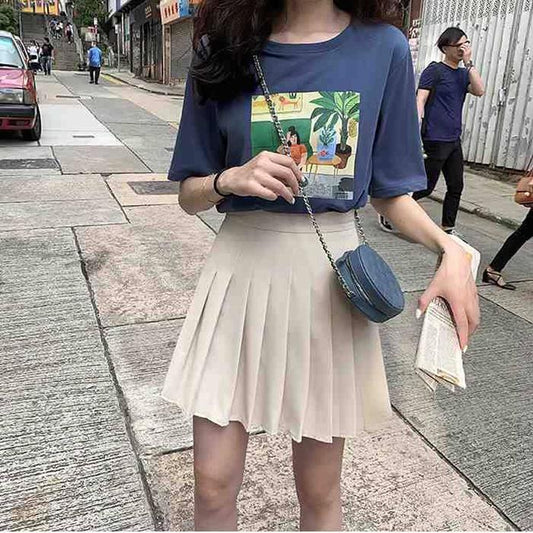 Women High Waist Thin Pleated Skirt College Style Anti-lightening Solid Color Mini A-line Skirt