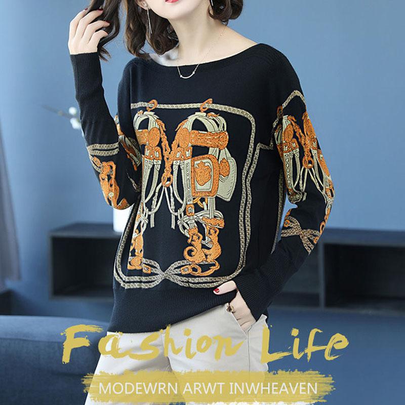 Women's Boat Neck Cashmere Sweater Short Loose Pullover Plus Size Printed Cardigan Ethnic Style Wool Knit Jumper