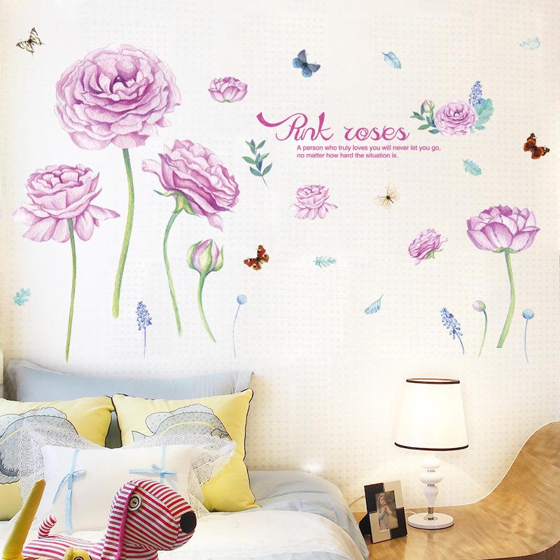 Romantic Pink Rose butterfly Wall Sticker Bedroom Living Room Background Decorative Sofa Removable