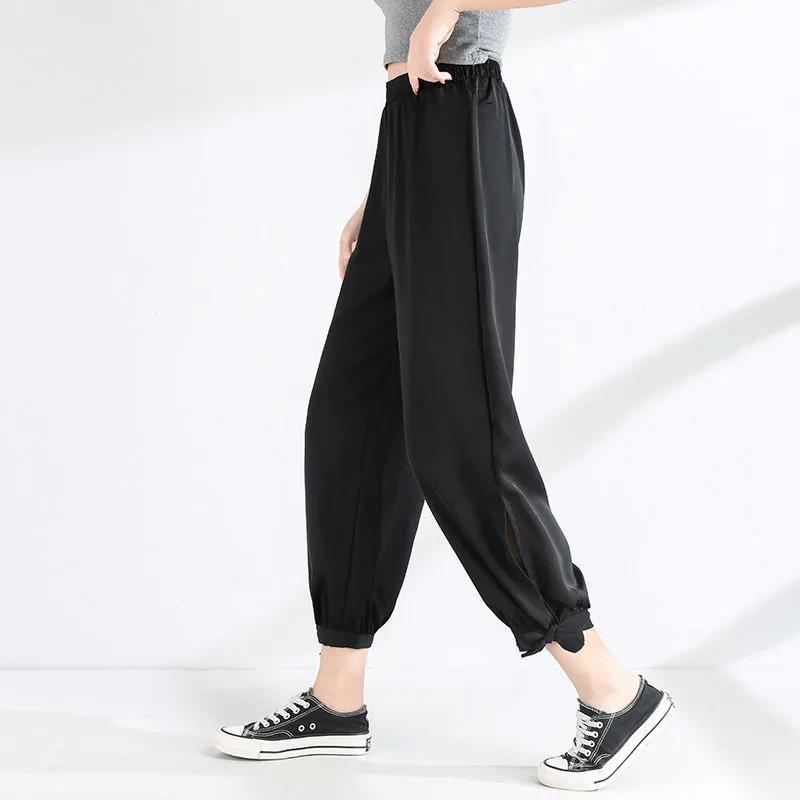 Women Summer Ice Silk Lantern Pants Chiffon Loose Solid Color Cropped Pants Elastic Waist Thin Sports Pants