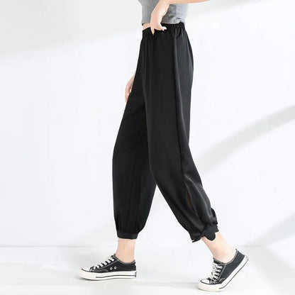 Women Summer Ice Silk Lantern Pants Chiffon Loose Solid Color Cropped Pants Elastic Waist Thin Sports Pants