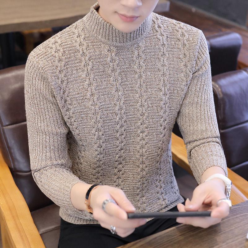 Winter Men's Wave Striped Warm Sweater Solid Color Round Neck Handsome Top All-match Fashion Knitted Jacket