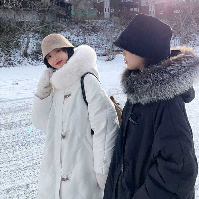 Fluffy Big Fur Collar Hooded White Duck Down Down Jacket Women's Mid-length Loose Women's Winter Thick Coat Button Design Winter Jacket
