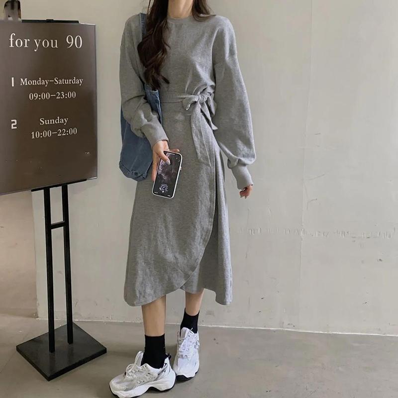 Women Sexy Knitted Dresses Solid Color High Elasticity Irregular Long-sleeved Spring and Autumn Dress