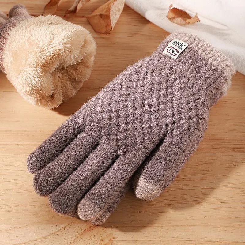 Winter Ladies Knitted Finger Gloves Plus Velvet Thick Warm Cotton Gloves Outdoor Cold-Proof Touch Screen Gloves