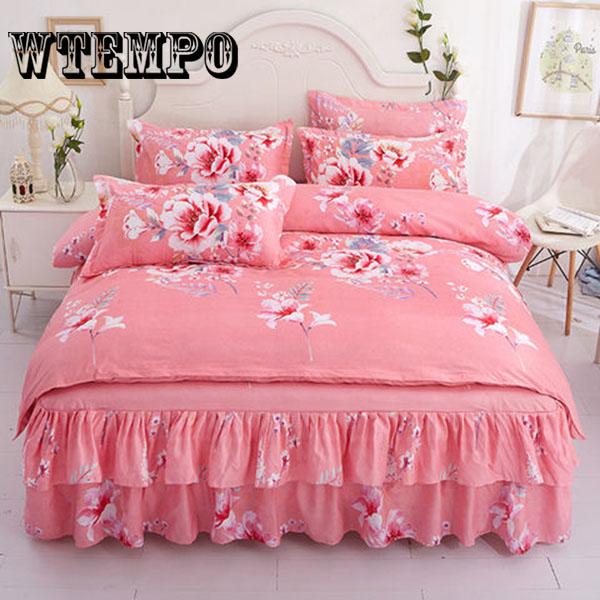 Bed Skirt Queen Size Single-Layer Skin-Friendly Cotton Bedspread 4PCs Set Includ