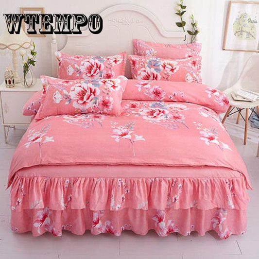 Bed Skirt Queen Size Single-Layer Skin-Friendly Cotton Bedspread 4PCs Set Includ