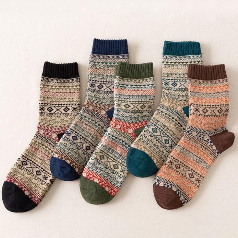 Five Pairs of Winter Men's Wool Socks Chinese Style Plus Velvet Thick Warm Cashmere Socks Retro Fashion Tube Socks
