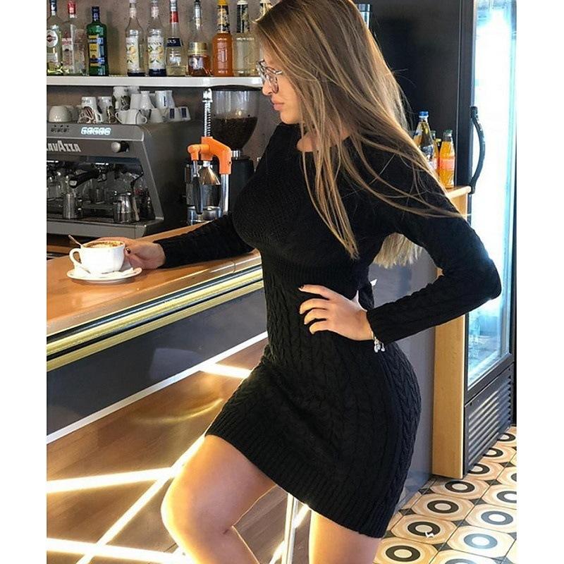 Women Solid Color Sweater Autumn Winter Sweater Dress Long Sleeve Knitted Dress