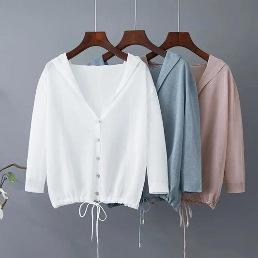 Knitted Cardigan Women's Short Hooded Sun Protection Clothes Loose and Thin Shawl with A Thin Coat