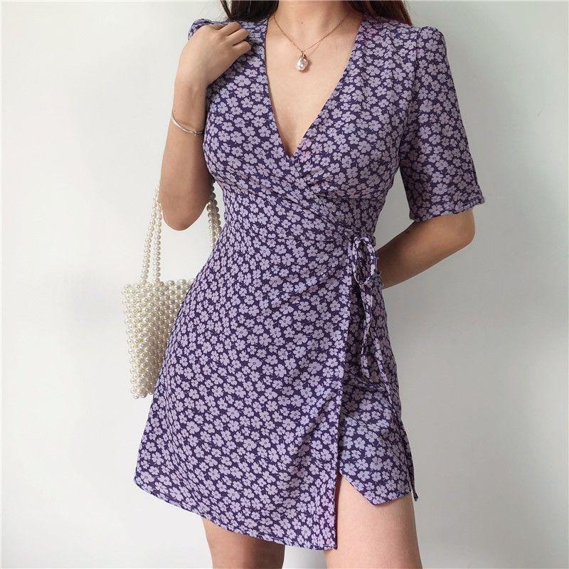 Summer Sexy Floral Short Skirt Female Was Thin V-neck Printed Lace Short-sleeved Tight-fitting Dress Irregular Chiffon Skirt