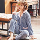 Autumn Winter Coral Fleece Pajamas Suits Women Flannel Thick Velvet Warm Sleepwear Long Sleeve Turn-down Collar Home Wear Striped Casual Nightwear