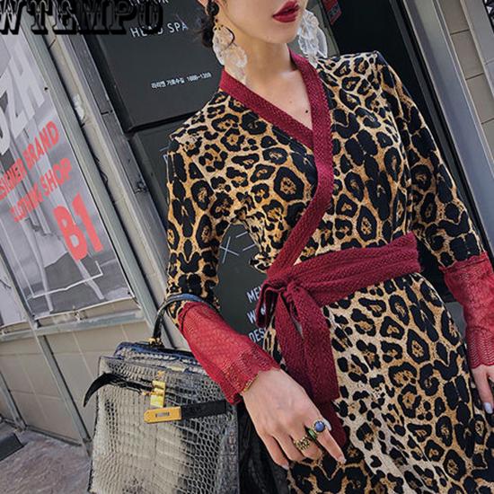 Leopard Women 2019 Sexy V-neck Bodycon Party Dress bohemian style slim vintage lantern sleeve dress