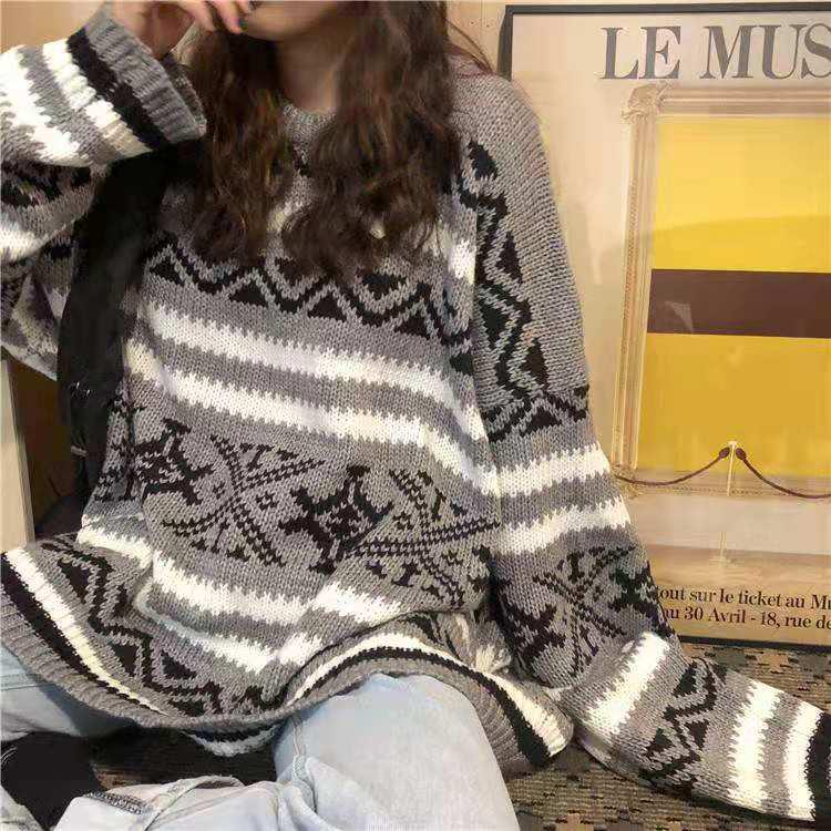 Winter Loose Lazy Wind Pullover O Neck Crew Neck Long-Sleeve Versatile Women Top Retro Sweater