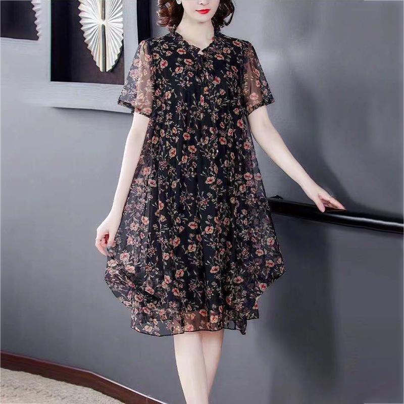 Chiffon Floral  Dress L-XXXXXL Women's Summer Veil Short Sleeve Round Neck Lightweight and Breathable